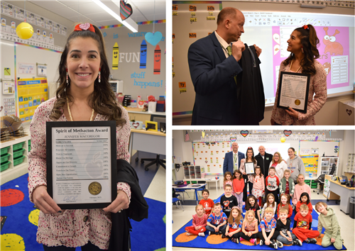Jennifer with spirit of methacton certificate and photo of her posing with her students